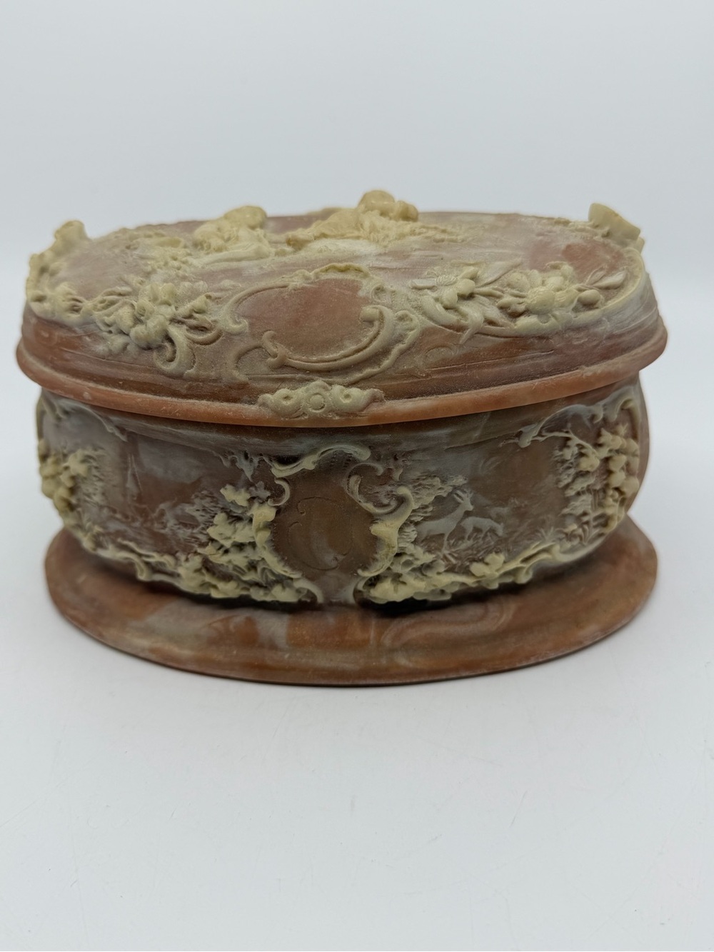 Ornate Brown and Cream Incolay stone Decorative Jewelry Box